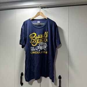 Russell Stover Chocolate Vintage Style Blue Graphic Short Sleeve Tee unisex NWOT